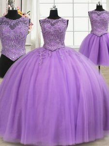 Artistic Three Piece Floor Length Lilac Vestidos de Quinceanera Scoop Sleeveless Lace Up