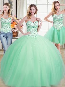 Inexpensive Three Piece Apple Green Vestidos de Quinceanera Military Ball and Sweet 16 and Quinceanera and For with Beading Sweetheart Sleeveless Lace Up