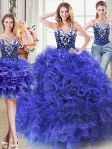 Three Piece Floor Length Royal Blue Quinceanera Gown Sweetheart Sleeveless Lace Up