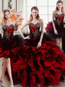 Four Piece Black and Red Ball Gowns Beading and Ruffles and Hand Made Flower Sweet 16 Dress Lace Up Organza and Tulle Sleeveless Floor Length
