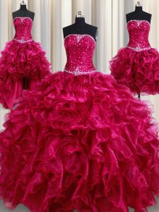 Four Piece Burgundy Strapless Neckline Beading and Ruffles Sweet 16 Quinceanera Dress Sleeveless Lace Up