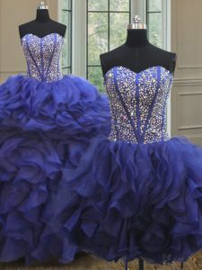 Three Piece Royal Blue Ball Gowns Beading and Ruffles Ball Gown Prom Dress Lace Up Organza Sleeveless Floor Length