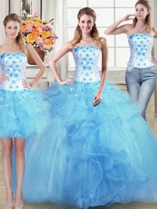 Best Selling Three Piece Strapless Sleeveless Tulle 15 Quinceanera Dress Beading and Appliques and Ruffles Lace Up