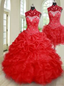 Dazzling Three Piece Red Ball Gowns High-neck Sleeveless Organza Floor Length Lace Up Beading and Ruffles and Pick Ups Quinceanera Dress