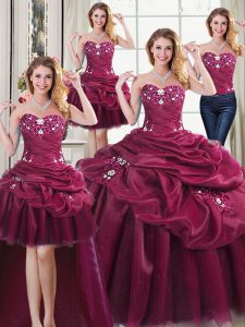 Four Piece Burgundy Ball Gowns Organza Sweetheart Sleeveless Beading and Appliques and Pick Ups Floor Length Lace Up Quinceanera Gown