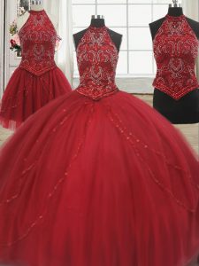Exquisite Three Piece Red Sweet 16 Dress Military Ball and Sweet 16 and Quinceanera and For with Beading Halter Top Sleeveless Court Train Lace Up