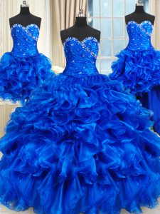 Flare Four Piece Royal Blue Lace Up Sweetheart Beading and Ruffles 15 Quinceanera Dress Organza Sleeveless