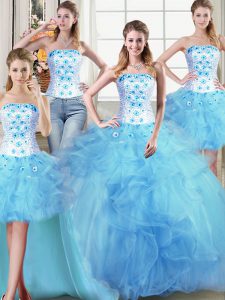 Four Piece Floor Length Lace Up Quinceanera Dresses Light Blue for Military Ball and Sweet 16 and Quinceanera with Beading and Appliques and Ruffles
