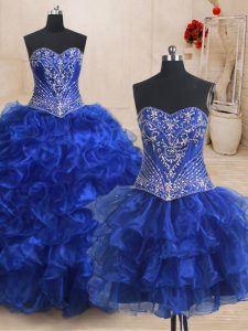 Custom Fit Three Piece Sweetheart Sleeveless Brush Train Lace Up 15th Birthday Dress Royal Blue Organza
