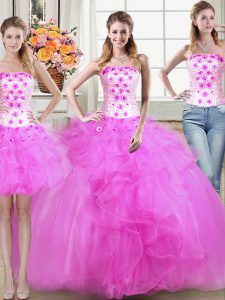 Three Piece Fuchsia Mermaid Beading and Appliques and Ruffles Quinceanera Dress Lace Up Tulle Sleeveless Floor Length