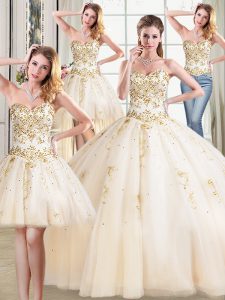 Beauteous Four Piece Champagne Tulle Lace Up Sweetheart Sleeveless Floor Length Ball Gown Prom Dress Beading