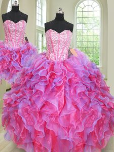 Beauteous Three Piece Multi-color Sweet 16 Dress Military Ball and Sweet 16 and Quinceanera and For with Beading and Ruffles Sweetheart Sleeveless Lace Up