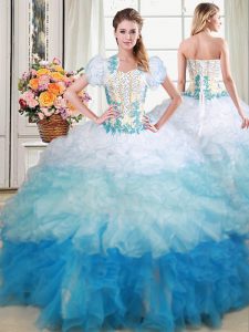 Sweetheart Sleeveless Ball Gown Prom Dress With Brush Train Beading and Appliques and Ruffles Multi-color Organza