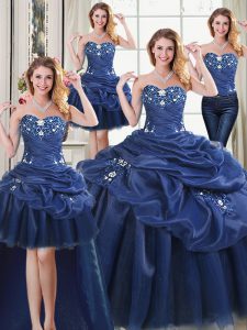 Four Piece Ball Gowns Ball Gown Prom Dress Navy Blue Sweetheart Organza Sleeveless Floor Length Lace Up