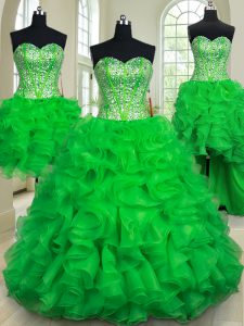 Fitting Four Piece Sweetheart Sleeveless Organza Quinceanera Gown Beading and Ruffles Lace Up