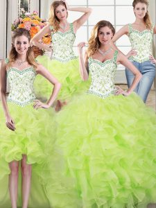 New Arrival Four Piece Straps Floor Length Yellow Green 15th Birthday Dress Organza Sleeveless Beading and Lace and Ruffles
