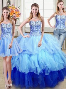 Three Piece Sequins Floor Length Ball Gowns Sleeveless Multi-color Quinceanera Dress Lace Up
