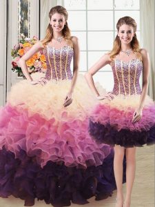 Unique Three Piece Sweetheart Sleeveless Lace Up Quinceanera Gown Multi-color Organza