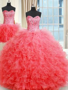 Best Three Piece Floor Length Lace Up Sweet 16 Quinceanera Dress Coral Red for Military Ball and Sweet 16 and Quinceanera with Beading and Ruffles
