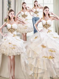 Dramatic Four Piece White Quinceanera Gowns Military Ball and Sweet 16 and Quinceanera and For with Beading and Ruffles Sweetheart Sleeveless Lace Up