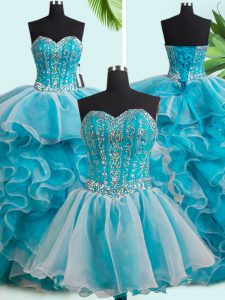 Admirable Three Piece White Ball Gowns Beading and Ruffles Vestidos de Quinceanera Lace Up Organza Sleeveless