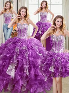 Four Piece Sequins Purple Sleeveless Organza Lace Up 15 Quinceanera Dress for Military Ball and Sweet 16 and Quinceanera