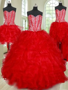 New Style Four Piece Floor Length Red Quinceanera Dress Organza Sleeveless Beading and Ruffles