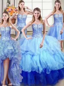 Lovely Four Piece Floor Length Lace Up Quince Ball Gowns Multi-color for Military Ball and Sweet 16 and Quinceanera with Ruffles and Sequins