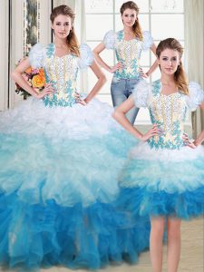 Custom Made Three Piece Multi-color Lace Up Quince Ball Gowns Beading and Appliques Sleeveless Floor Length