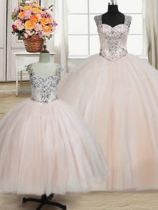 Straps Floor Length Zipper Quinceanera Dress Pink for Military Ball and Sweet 16 and Quinceanera with Beading