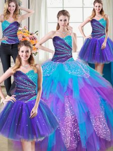 Four Piece Floor Length Multi-color Sweet 16 Dress Tulle Sleeveless Beading and Ruffles