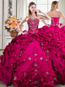 Top Selling Fuchsia Ball Gowns Sweetheart Sleeveless Organza and Taffeta Floor Length Lace Up Beading and Embroidery and Pick Ups Quinceanera Gowns