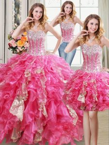 Comfortable Three Piece Sequins Hot Pink Sleeveless Organza Lace Up Sweet 16 Dress for Military Ball and Sweet 16 and Quinceanera
