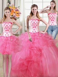 Smart Three Piece Hot Pink Lace Up Strapless Beading and Appliques and Ruffles Quinceanera Gown Tulle Sleeveless