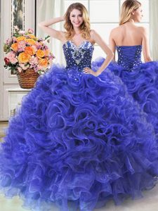 Excellent Floor Length Lace Up Quince Ball Gowns Royal Blue for Military Ball and Sweet 16 and Quinceanera with Beading and Ruffles
