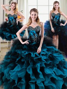 Trendy Four Piece Floor Length Ball Gowns Sleeveless Black and Blue Sweet 16 Dresses Lace Up