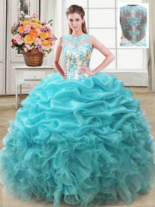 Sophisticated Scoop Aqua Blue Lace Up 15th Birthday Dress Beading and Ruffles Sleeveless Floor Length