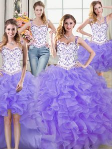 Best Four Piece Floor Length Lavender Sweet 16 Quinceanera Dress Straps Sleeveless Lace Up