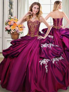 Customized Burgundy Ball Gown Prom Dress Military Ball and Sweet 16 and Quinceanera and For with Beading and Appliques and Pick Ups Sweetheart Sleeveless Lace Up
