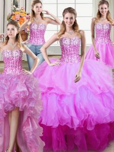 Luxurious Four Piece Sequins Ball Gowns Quinceanera Dresses Multi-color Sweetheart Organza Sleeveless Floor Length Lace Up