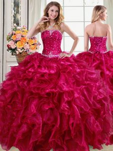 Modern Fuchsia Strapless Neckline Beading and Ruffles Ball Gown Prom Dress Sleeveless Lace Up