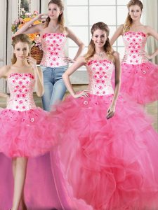 Trendy Four Piece Sleeveless Tulle Floor Length Lace Up 15th Birthday Dress in Hot Pink with Beading and Appliques and Ruffles