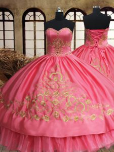 Sweetheart Sleeveless Sweet 16 Quinceanera Dress Floor Length Beading and Embroidery Pink Organza and Taffeta