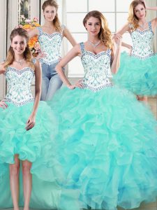 Four Piece Straps Sleeveless Lace Up Sweet 16 Dresses Aqua Blue Organza