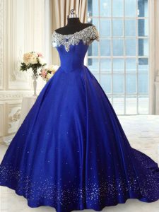 Perfect Ball Gowns 15th Birthday Dress Royal Blue Off The Shoulder Satin Cap Sleeves Lace Up