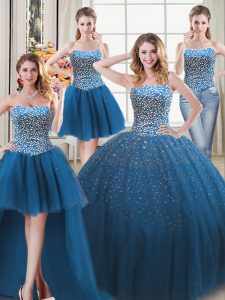 Sophisticated Four Piece Floor Length Ball Gowns Sleeveless Teal Quince Ball Gowns Lace Up