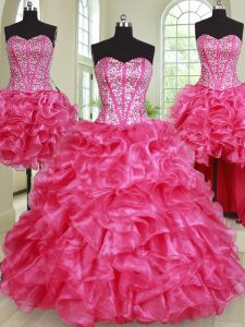 Four Piece Sweetheart Sleeveless Lace Up Vestidos de Quinceanera Hot Pink Organza