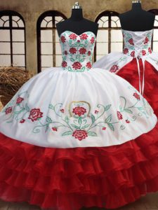 White and Red Organza Lace Up Sweetheart Sleeveless Floor Length Quinceanera Dress Embroidery and Ruffled Layers