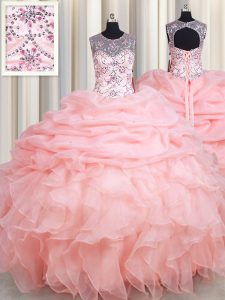 Scoop Pick Ups Floor Length Ball Gowns Sleeveless Baby Pink Dama Dress Lace Up
