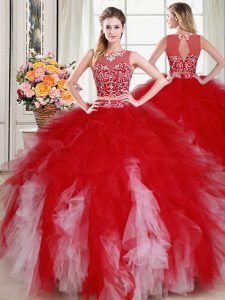 Custom Fit Scoop White and Red Sleeveless Floor Length Beading and Ruffles Zipper Sweet 16 Quinceanera Dress